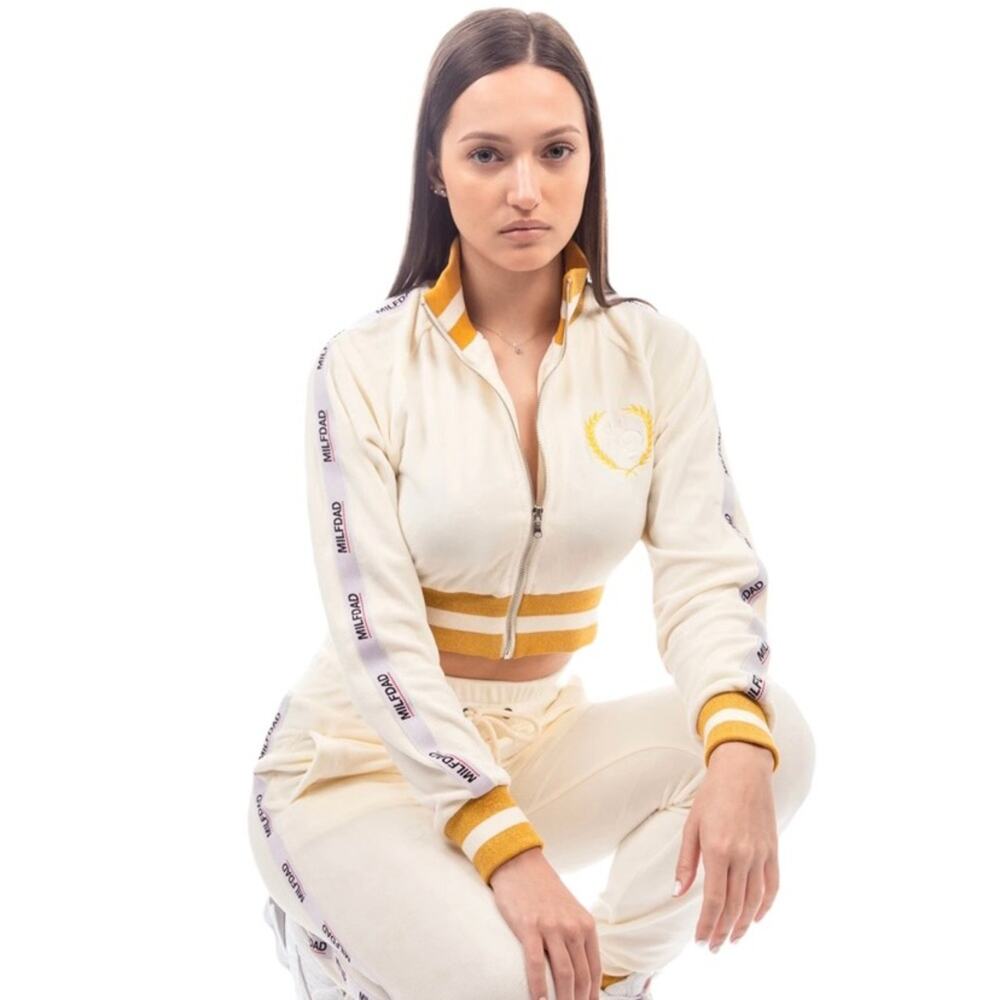 MILFDAD Y2K Cream Gold Velour Cropped Track Jacket X Small